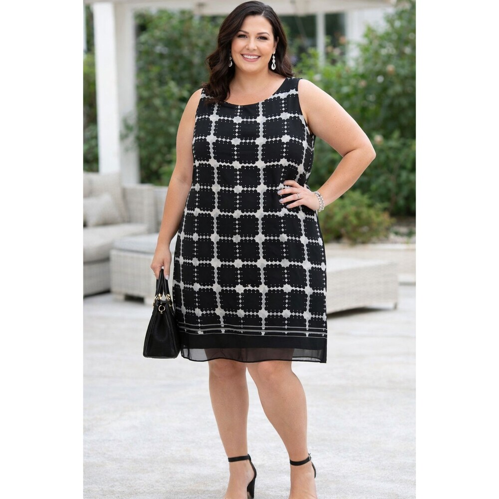 Max Studio 1X Black White Geometric Dress Sleeveless Shift Tunic Flowy $128
